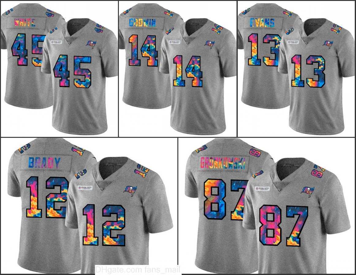 

TampaBayBuccaneersMen #45 Devin White 12 Tom Brady 14 Chris Godwin Grey Heather Multi-Color Woman Youth Crucial Catch Jersey, Black;red
