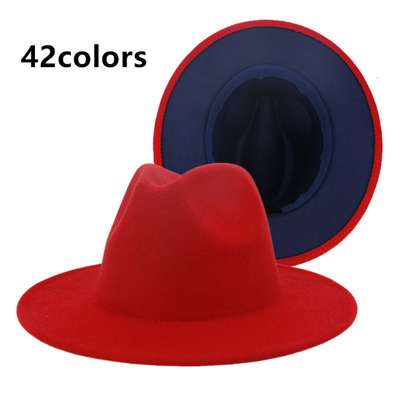

2021 New Solid Patchwork Two Different Color Wide Brim Church Women Hats Winter Autumn Men Panama Trilby Fedora Hat Ekra, White and red