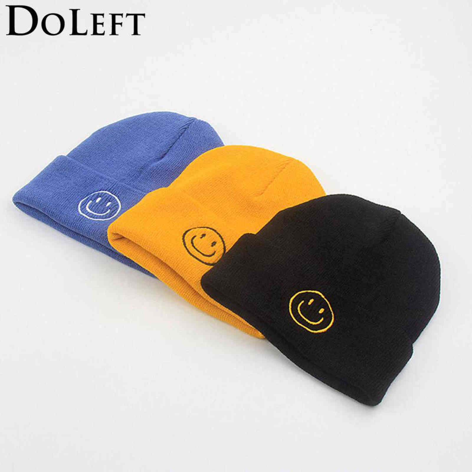 

New Cute Smile Crochet Knit Cap Winter Hats For Women Fashion Smile Expression Skullies Beanies Caps For Men gorras hombre 2021 Y21111, White