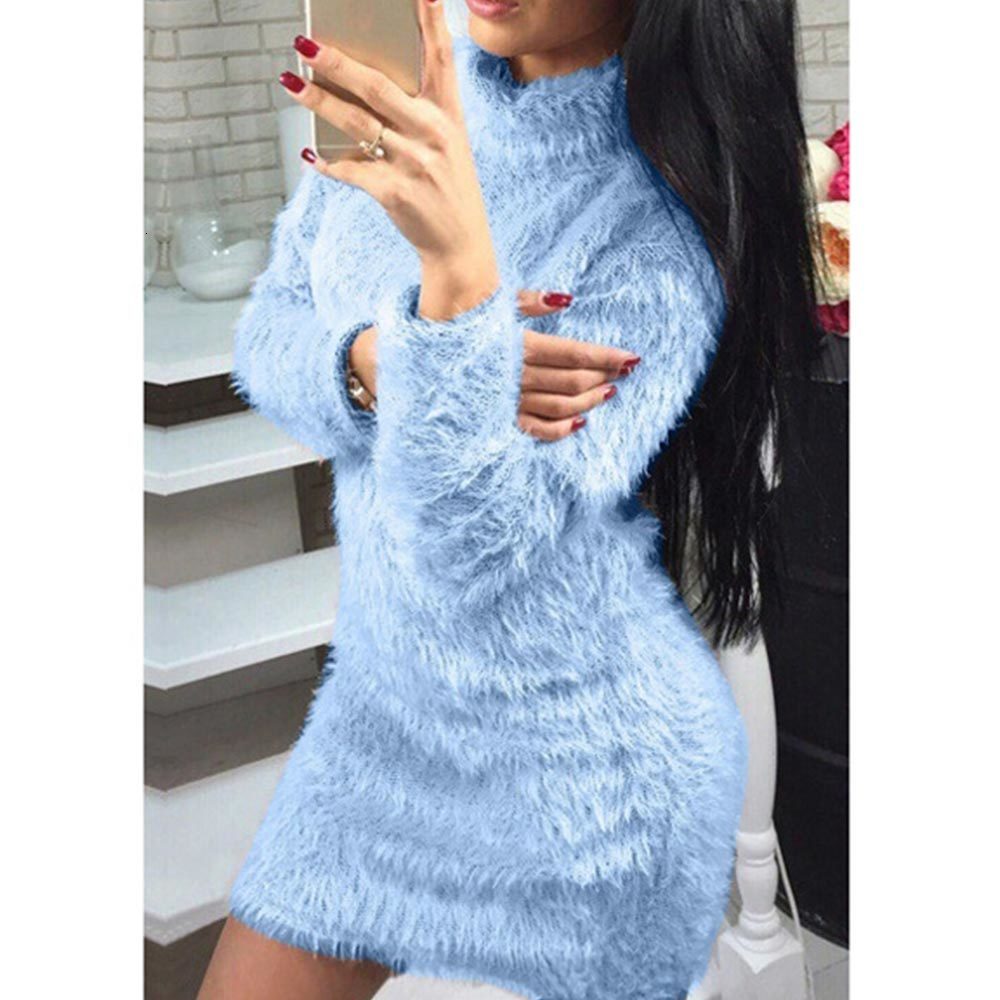 

2021 New Women Turtleneck Knitted Bodycon Autumn Winter Faux Fur Ffy Party Club Night Mini Es Sexy Sheath Xpso, Black