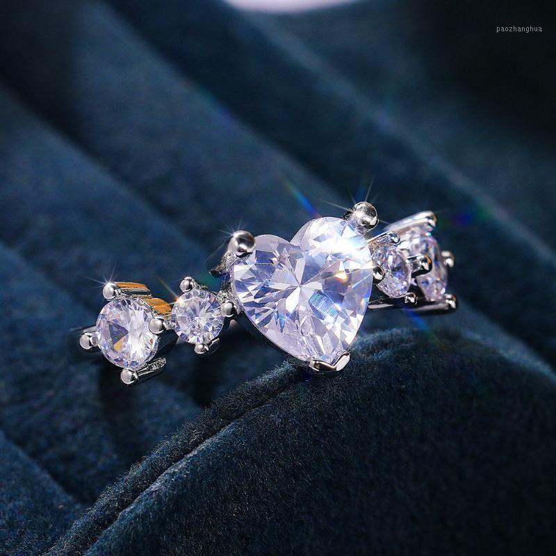 

Wedding Rings Classic Female White Zircon Stone Ring Trendy Silver Color Engagement Luxury Crystal Love Heart For Women, Slivery;golden