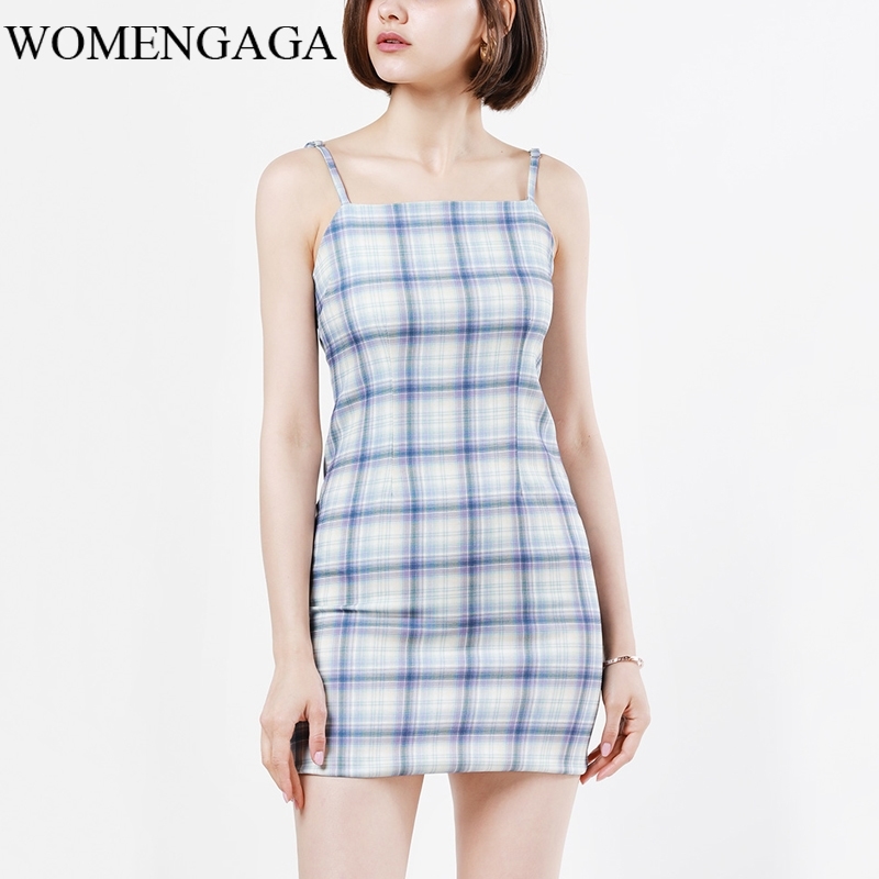 

Summer Girl Female Europe Women Square Neck Cami Straps Plaid Mini Dress Purple Blue VEO6 210603