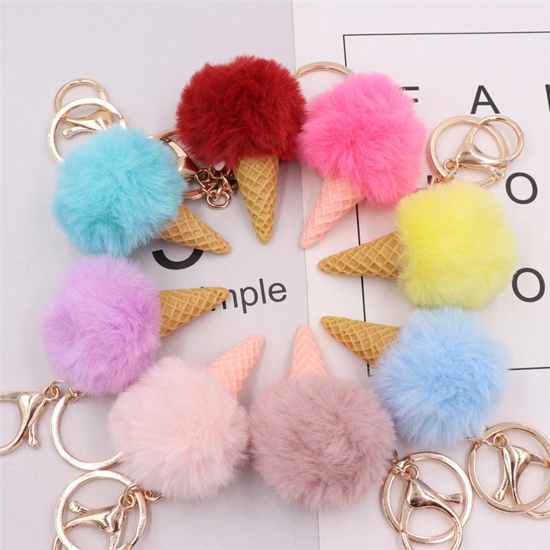 

Stylish Ice Cream Cone Pompom Keychain soft and fuzzy Artificial Faux Rabbit Fur Pom Poms for Handbag Puff Ball Key fob Jewelry Kimter