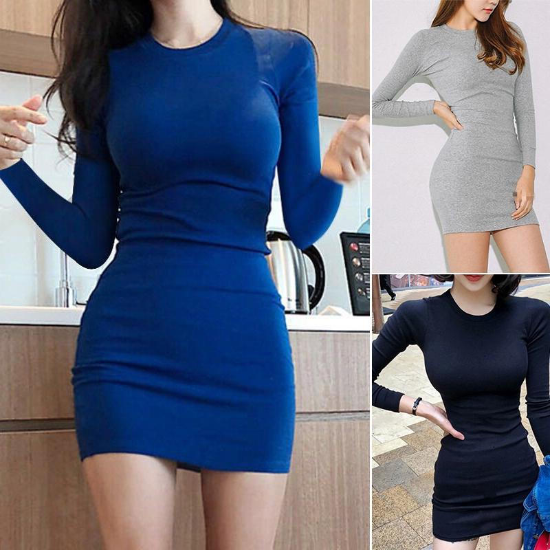 

Casual Dresses Women' Round Neck Slim Pullover Long-Sleeve Knitted Dress Female Bag Hip Knee-Length, Black