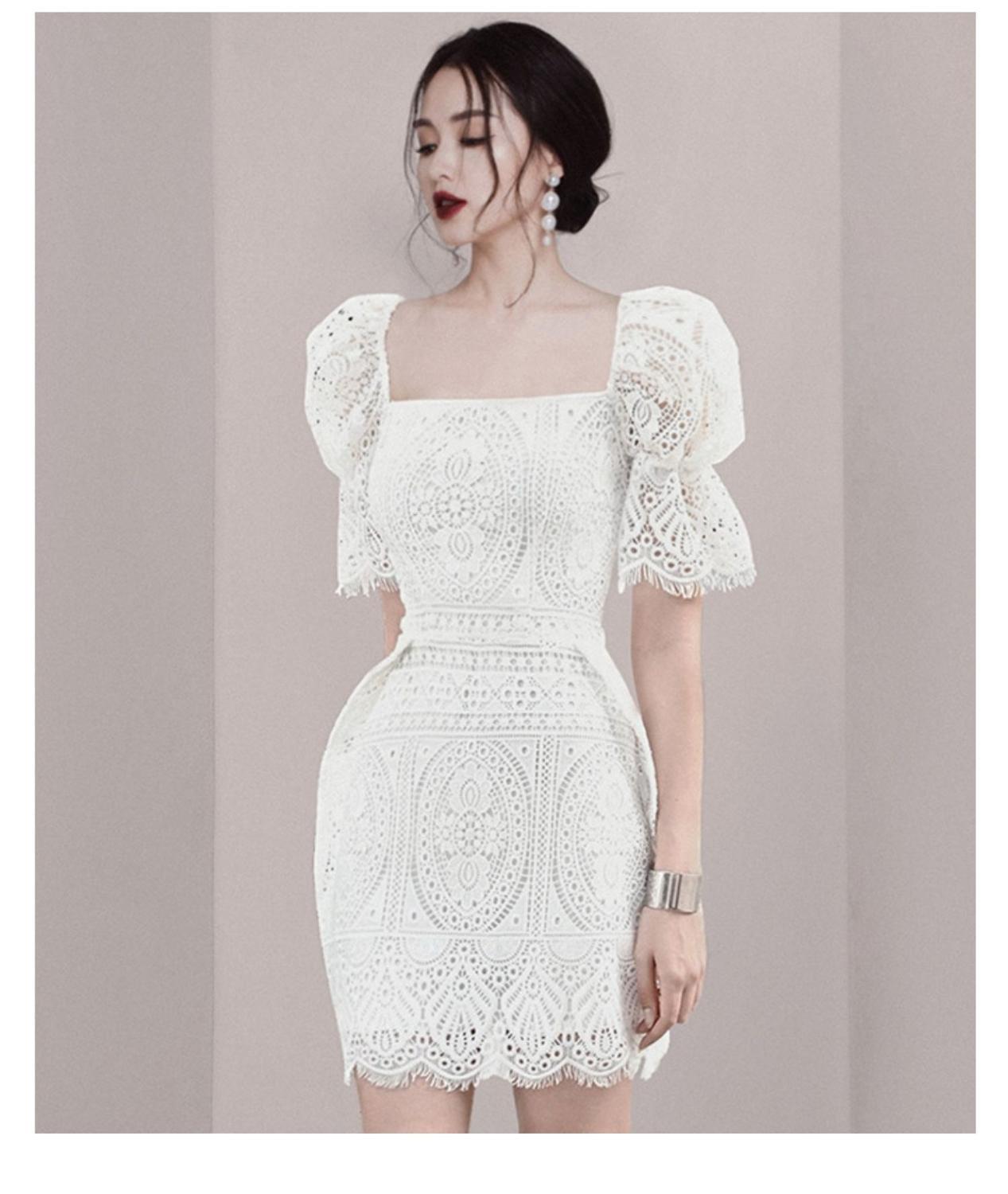 

ZAWFL Vintage lace white beach dress slimming waistline square neck short sleeve high waist lining summer mini 210525, Picture color