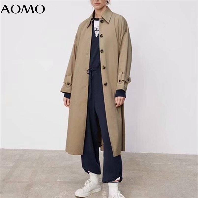 

AOMO Women Back Letter Print Loose Khaki Coat Trench Autumn Elegant Female Outwear Windbreak 6W06A 210826