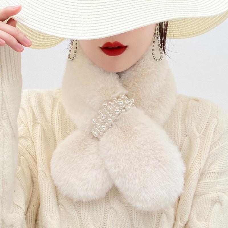 

Scarves Pearl Fur Collar Bib Cute Rex Plush Korean Style Scarfs Women Winter Warm Scarf Neck Protection Fashion Designer, Blue;gray