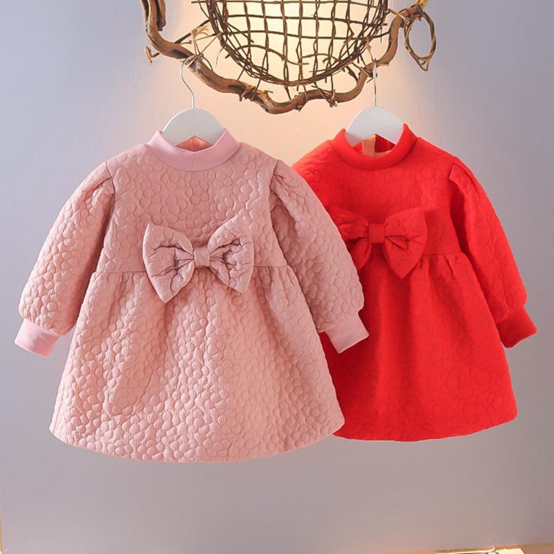 

Girl's Dresses Sweet Warm Winter Girls Princess Dress Children Kids Baby Infants Velvet Long Sleeve Bow Vestidos ADK831, Red