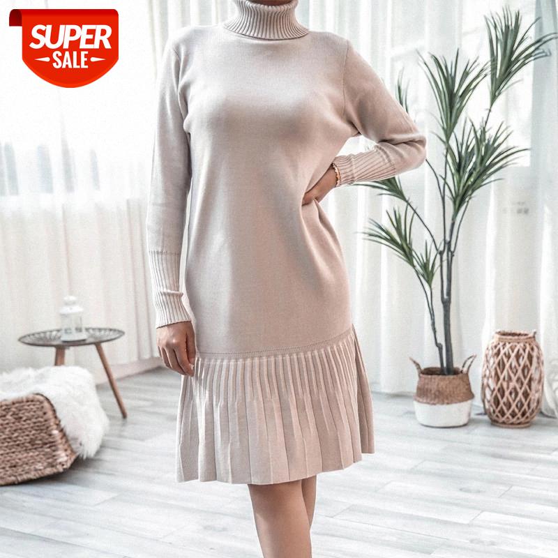 

Winter Turtleneck Knitted Pleated Women Dress Black Long Sleeve Knee-Length Female Sweater Dresses 2021 Trend Warm Lady Clothes #mm5a, Black;gray