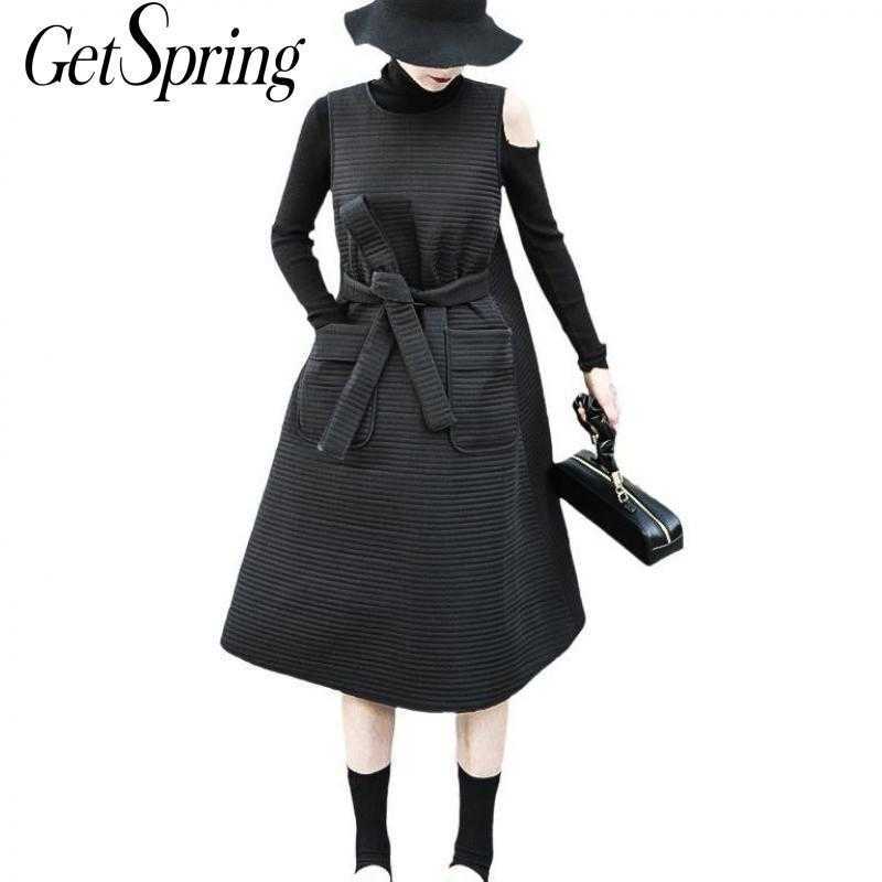 

Getspring Women Dress Autumn Winter Dresses Bandage Sleeveless Black Long Vintage White Clothing 210601