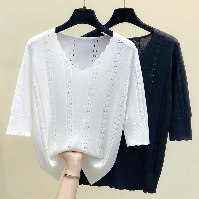 

M-4XL plus size sexy hollow out women sweater pullover short sleeve v neck Summer kintting T-shirt thin white sweaters 210604