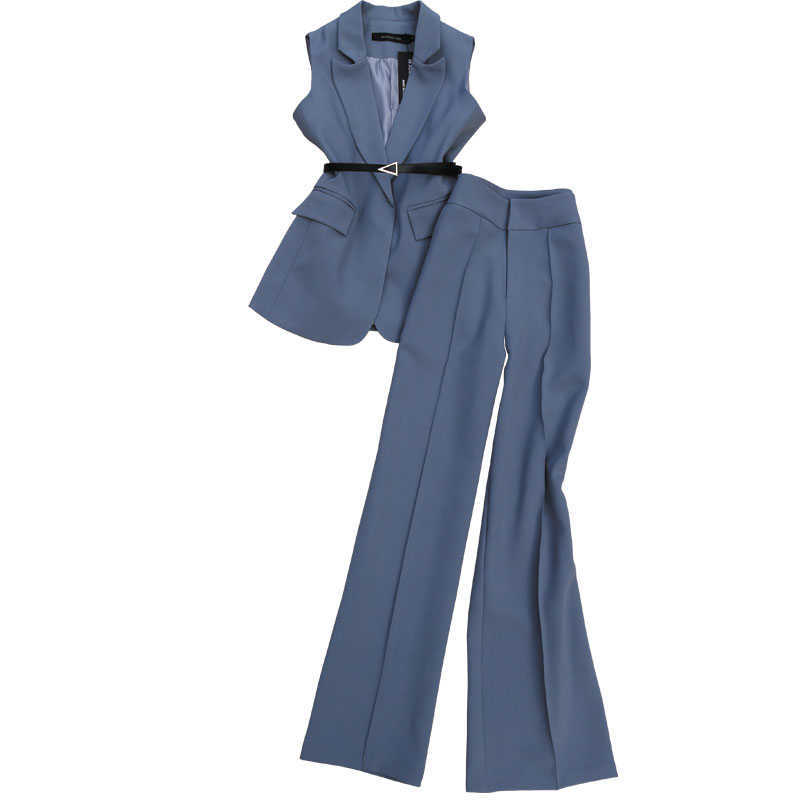 

Spring Women' Suit Trouser 2-piece High Quality Fashion Temperament Sleeveless Vest Jacket Elegant Wide-leg Pants 210527, Gray blue