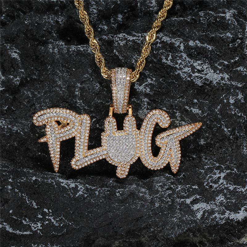 

Hip Hop Iced Out Letter Plug Pendant Necklace Gold Silver Plated with Tennis Chain Mens Bling Jewelry Gift