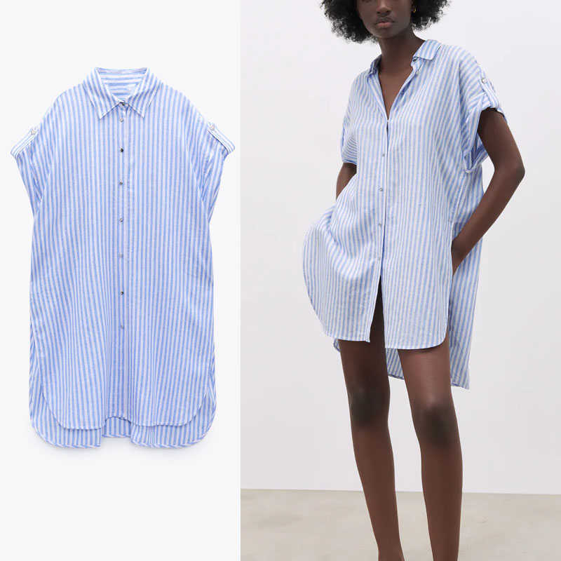 

Striped Oversized Za Shirt Women Short Sleeve Loose Long Summer Shirts Woman Chic Button Up Side Vent Irregular Blue Top 210602