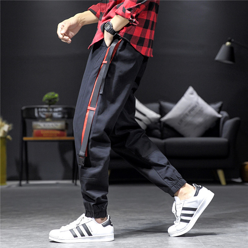 

2021 New Japanese Style Fashion Cargo Hombre Casual Ribbons Black Color Streetwear Hip Hop Jogger Pants Men Trousers Ml4r Cd56
