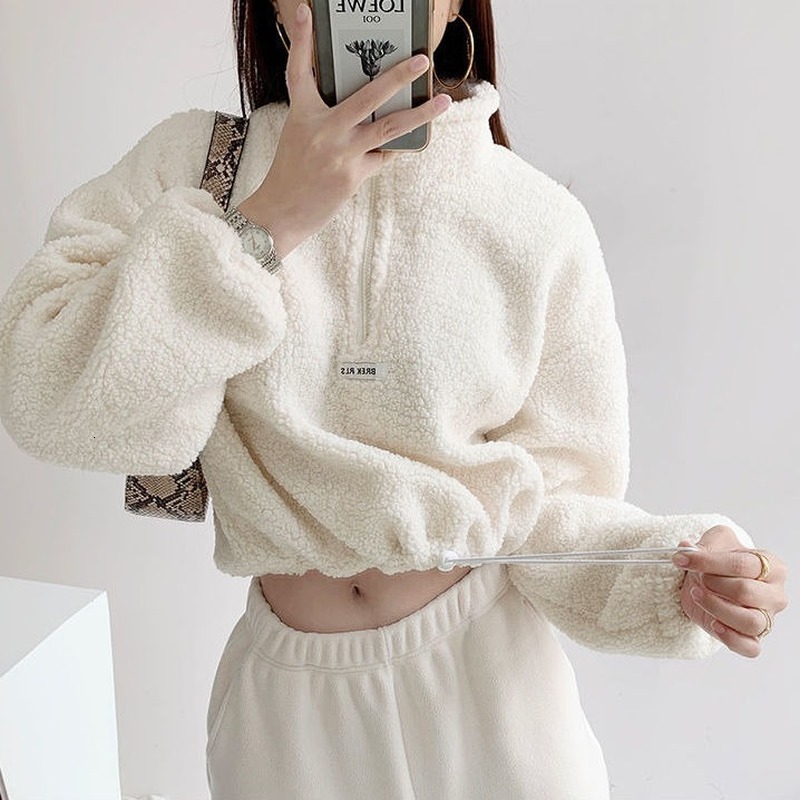 

2021 New Deeptown Slido Inverno Moda Topos De Manga Comprida Pulver Feminino Solto Casual Mais Veludo Quente Branco Hoodies 96eg, Black