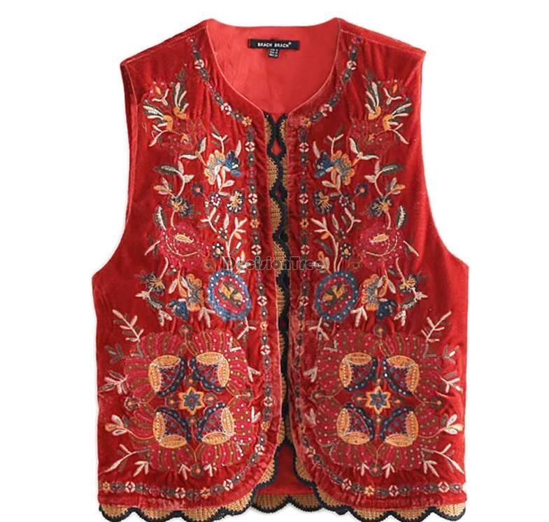 

Ethnic Clothing 2021 Chinese National Style Floral Embroidery Velvet Vest Coat Vintage Women Red Festival Cardigan Versatile Tang Suit