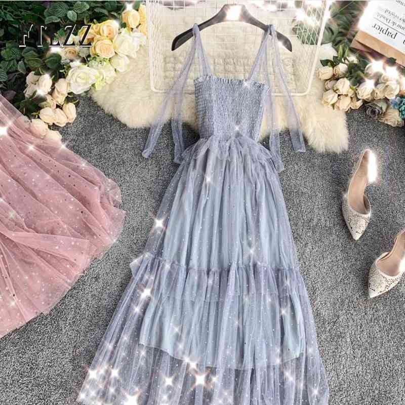 

Fashion Sequin Mesh Dres Bandage Spaghetti Strap Slim Bodycon Ladies Thin Ruffles Sweet Lace Kneet es Vestidos 210602