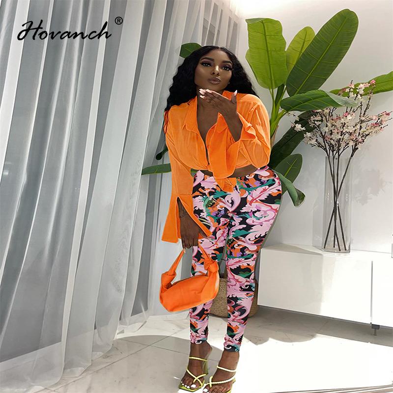 

Women's Two Piece Pants Hovanch Color Lapel Long Sleeve Bandage Shirt + Printed Tight Pencil Set 2022 Spring Fashion Sexy Street Clothes, White