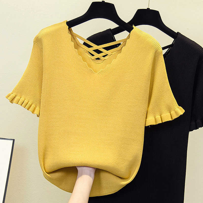 

L- plus size women sexy v neck Bandage kint pullover short sleeve solid loose casual thin basic Oversized sweaters jumper 210604, Black