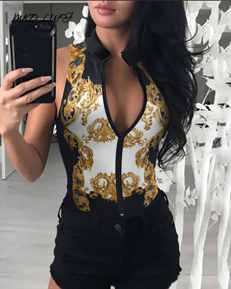 

Zipper Front Baroque Print Sleeveless Bodysuit Women' Jumpsuits & Rompers, White