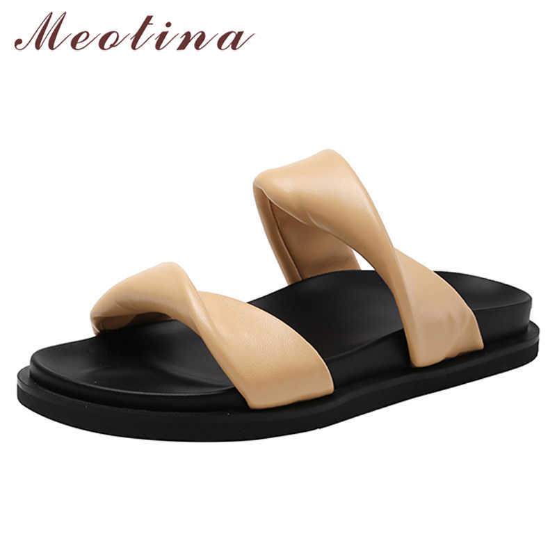 

Meotina Slippers Shoes Women Genuine Leather Sandals Flat Narrow Band Slides Square Toe Ladies Footwear Summer Apricot 210608, Beige