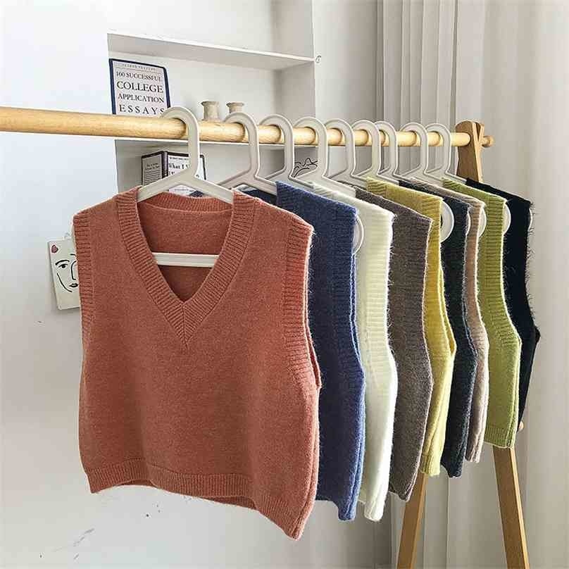 

Women Knitted Vest Spring Autumn V Neck Causal Chic Crop Sweaters Ladies Sleeveless Pullover Tops 210525