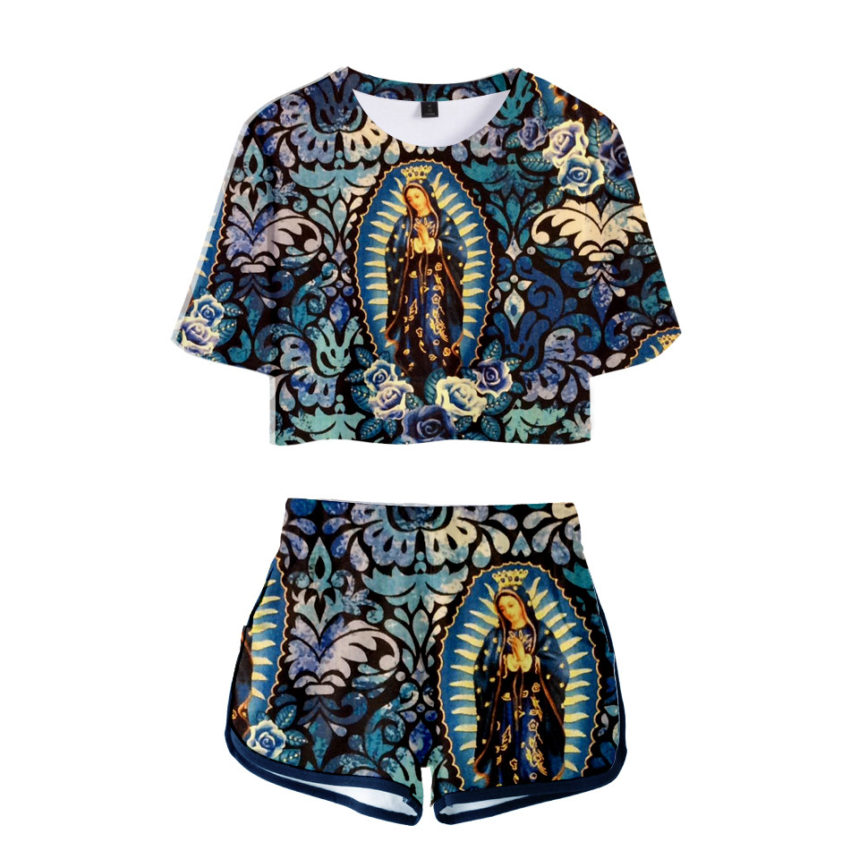 

Our Lady Of Guadalupe Virgin Mary Catholic Mexico Girls Sexy club outfits Two Piece Set Women Short Sleeve Crop Tops + Shorts, 001