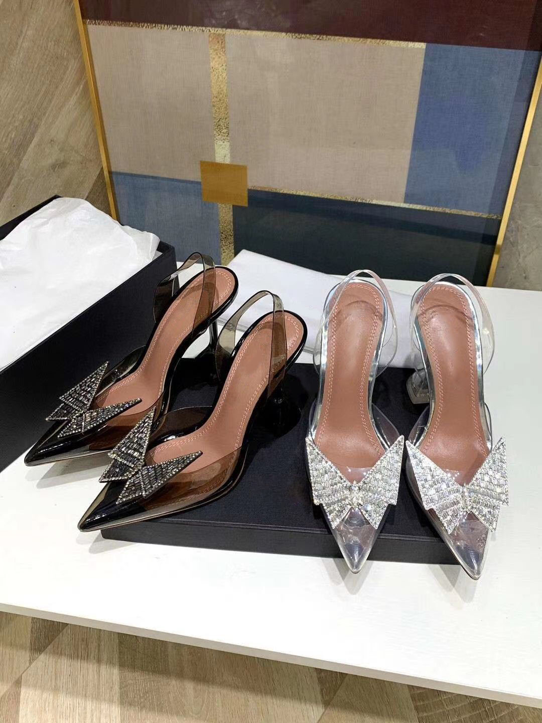 

Bow tie flower buckle women's sandals crystal swimming pool banquet shoes transparent material PVC wine cup high heel shoelace box size 35-40, White