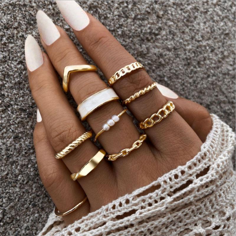 

Cluster Rings Delysia King 2022 Creative Simple Ladies Jewelry Pearl Drop Oil Ring 10-Piece Set