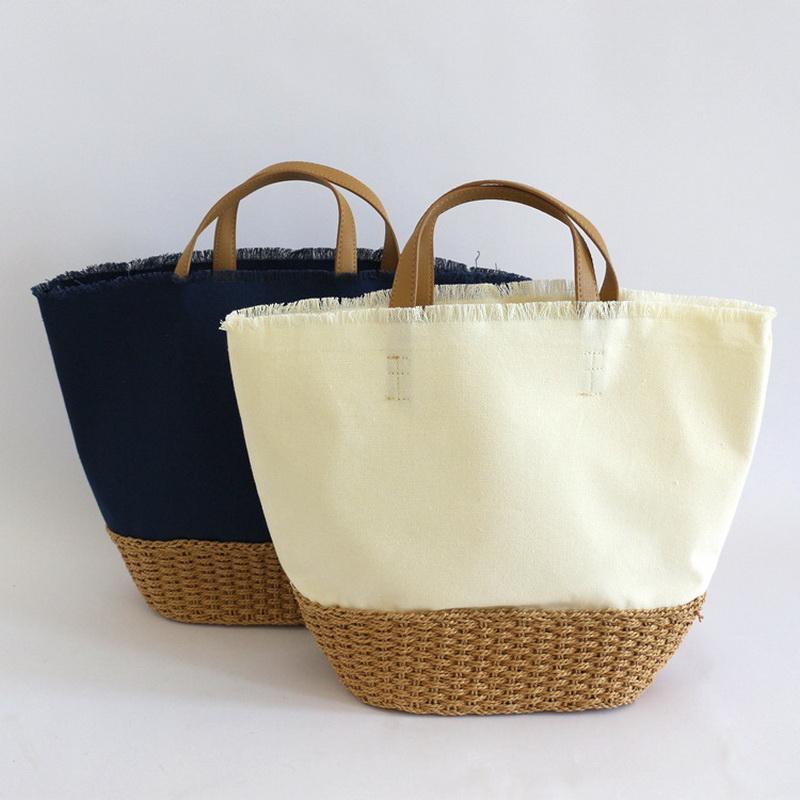 

Japan Ins New Beach Bag Portable Square Large-capacity Tote Straw Woven Canvas Stitching Bag Fashion Beach Female Handbag, Blue