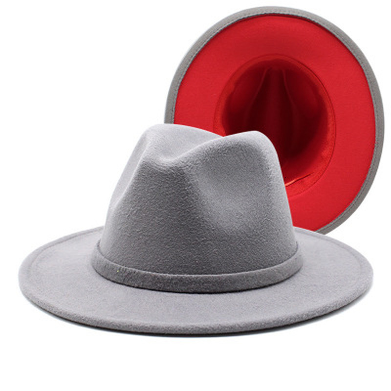 

2021 Women Autumn Two Different Color Inside Fedora with Band Wide Brim Jazz Caps Formal Fascinator New Winter Hats Fipc, Red and purple