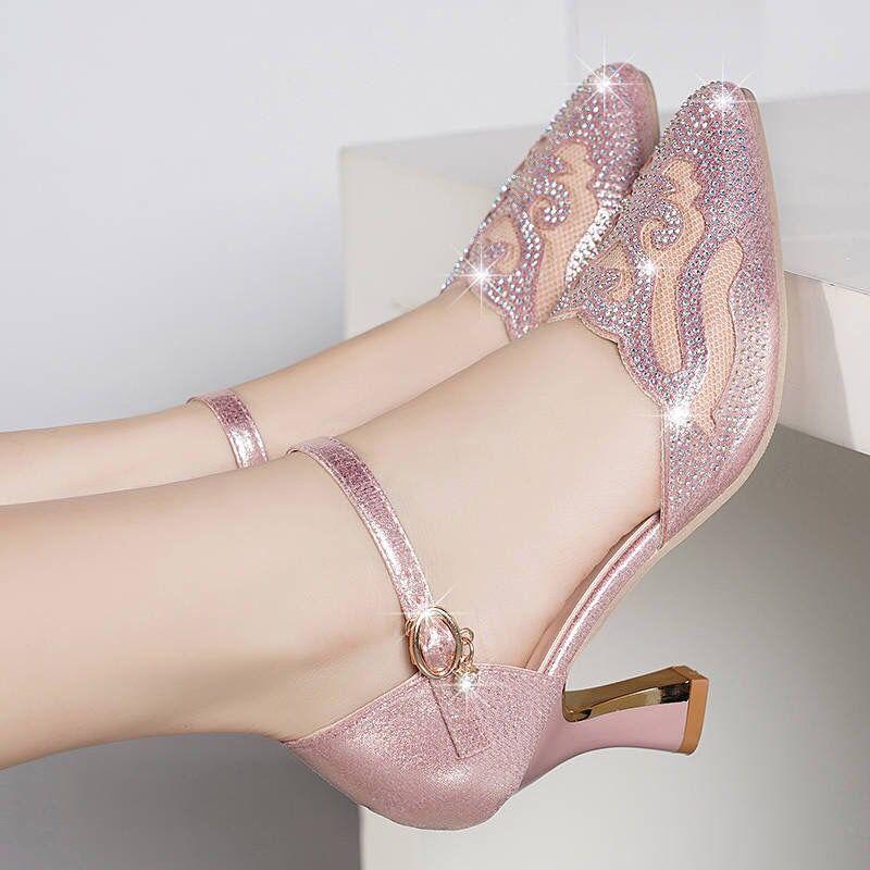 

Dress Shoes Women High Heels Sandals 2021 Ladies Summer Pointed Fine Heel Baotou Korean Buckle Black Work Wedding Shoe, Picture