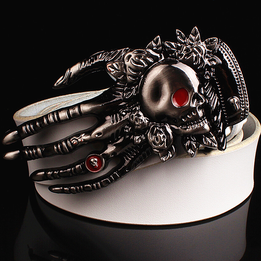

2021 New Cool Fashion Male Leather Metal Buckle Devil Palm Design Belts Decorative Belt Skull Kills Hip Hop Girdle Zch0, Black