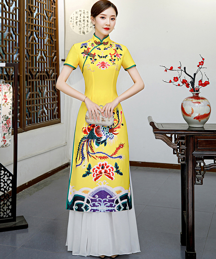 

Yellow Women Ao Di Cheongsam Long Party Chinese Necklace Slim Qipao Elegant Vestido Dress Anquet Prom S-5xl Npcw, Black