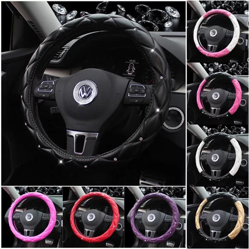 

Steering Wheel Covers MUNIUREN Crystal Leather Car Women Fashion Studded Rhinestone Automotive Accessories 15 Inch 38CM