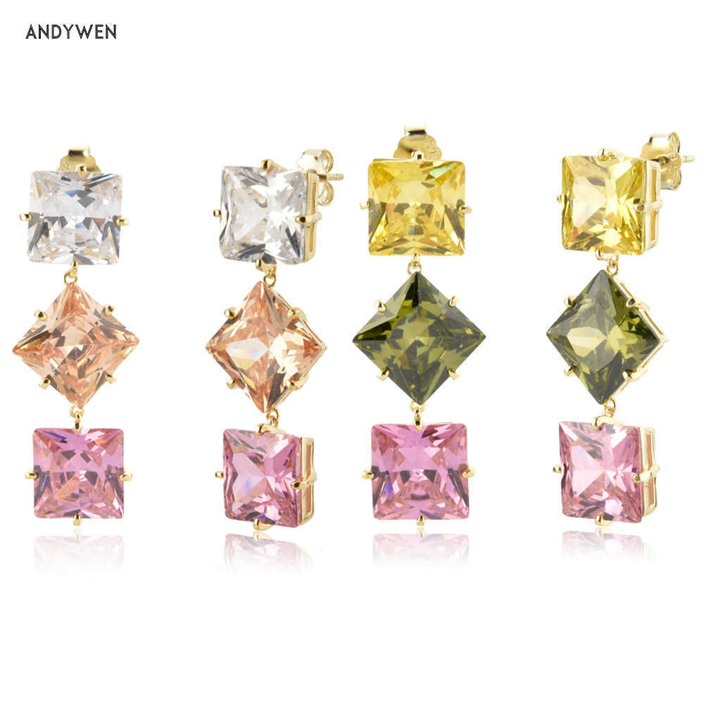

ANDYWEN 925 Sterling Silver Summer Gold Big Zircon Drop Earring Piercing Pendiente Luxury Crystal Wedding Jewelry Gift 210608