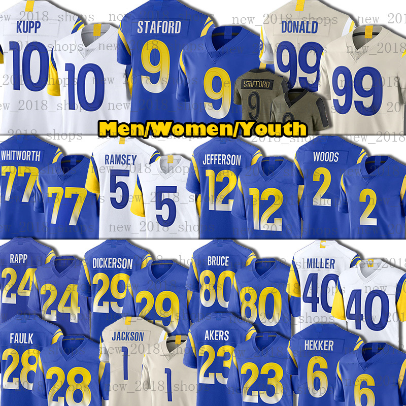 

99 Aaron Donald 12 Van Jefferson Football Jersey Matthew Stafford Johnny Hekker Jalen Ramsey Andrew Whitworth Cam Akers David Edwards Odell Beckham Von Miller Men, Custom kid jersey(laoying)
