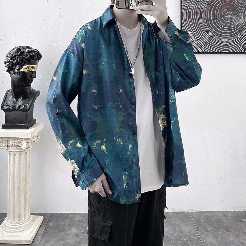 

2021 New Autumn Korean Flower Men's Fashion Retro Casual Men Streetwear Loose Long-sleeved Shirt Mens M-2xl 60u5, As shown in figure