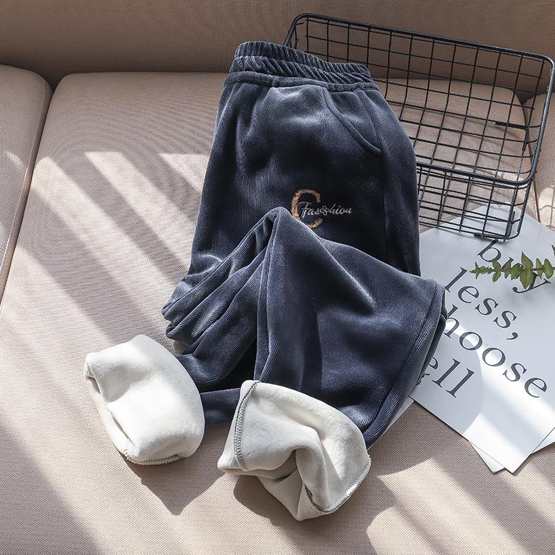 

Women' Pants & Capris Autumn Winter Corduroy Women Elastic Waist Thicken Warm Pencil Casual Harem Beige Trousers, Black