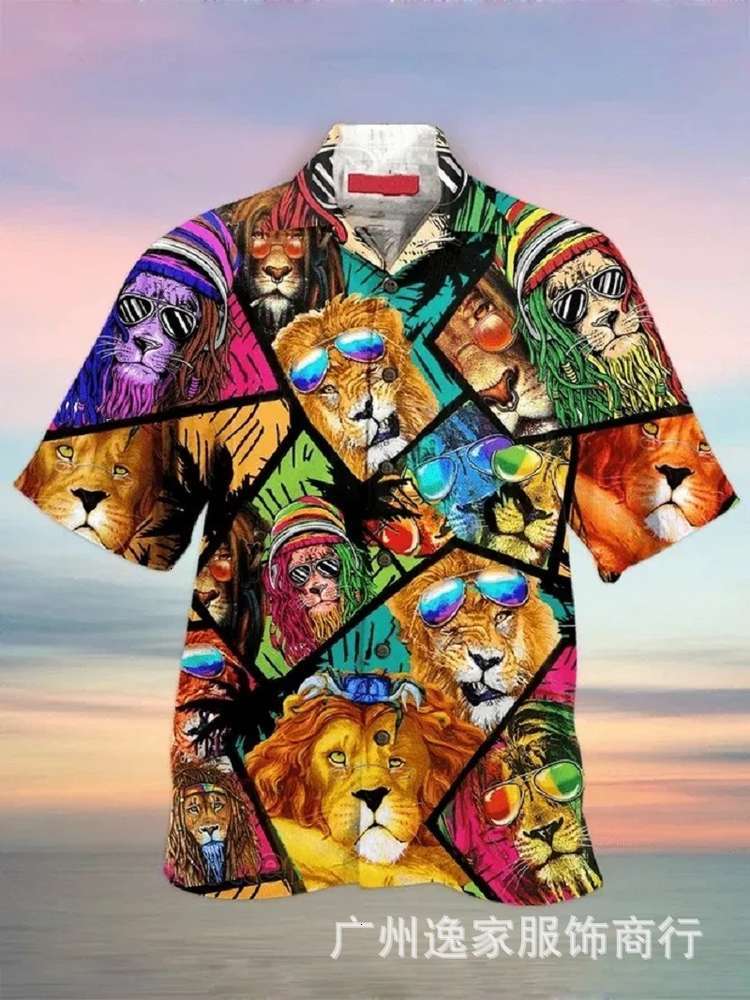 

2021 summer men's new Lapel print Beach Short Sleeve Shirt, White;black