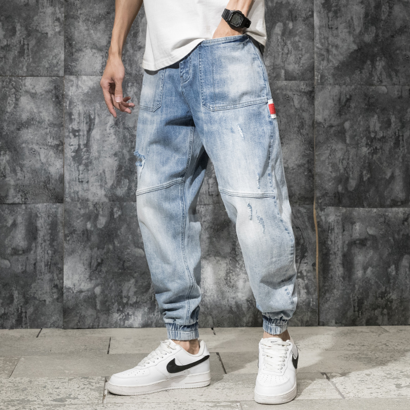 

2021 New Estilo Japons Moda Masculina Solto Ajuste Listra Vermelha Designer Calas De Carga Slack Fundo Harem Streetwear Hip Hop Jeans Ia3t, Blue