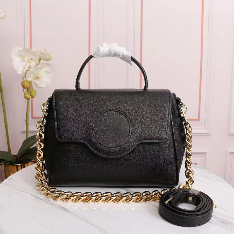 

Thick Chains Handbag Tote Hand Bag Genuine Leather Women Handbags Totes Solid Color Shoulder Bags Metal Chain Pouch Pouches, Black