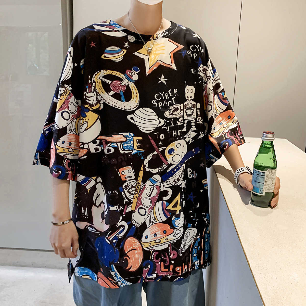 

size S-7XL Summer Men's T-shirt loose casual t shirts short sleeve tshirts student couple trend graffiti half 210629, White