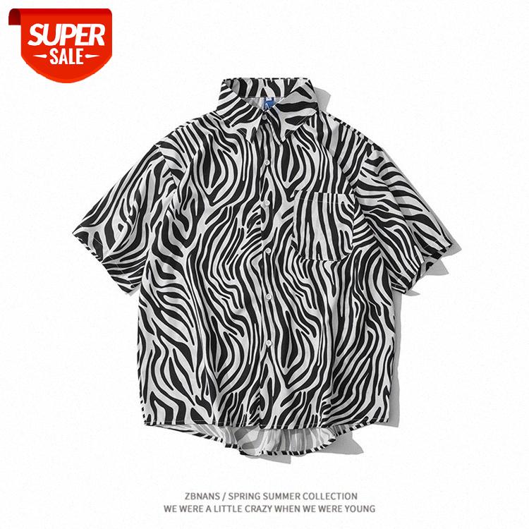 

Street zebra print short-sleeved shirt loose beach casual couple oversize lazy top #TK2b, White;black