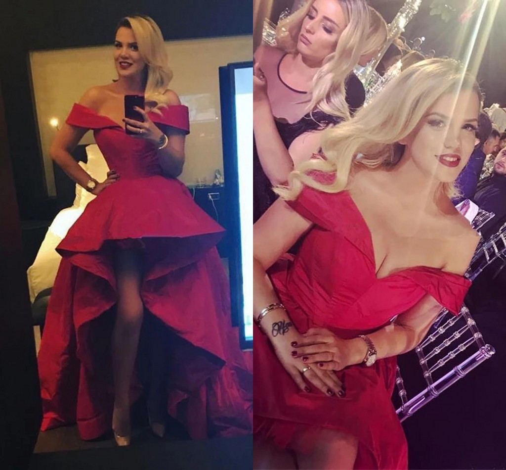 

Fashion Red Hi Low A line Prom Evening Dresses Satin Off the shoulder with Cap Sleeves Short Front Long Bridesmaid Party Cocktail Pageant Dresess, Silver