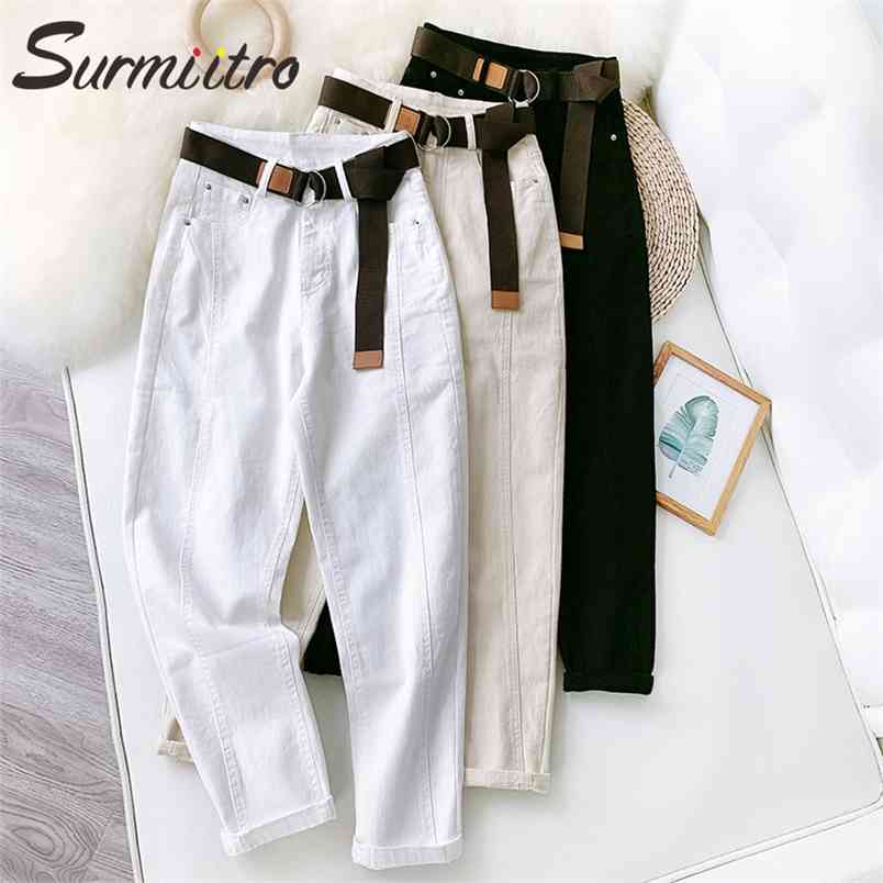 

SURMIITRO Korean Mom Jeans Women With Belt Autumn Winter Harem Denim Pants Female High Waist Boyfrind White Black 210708