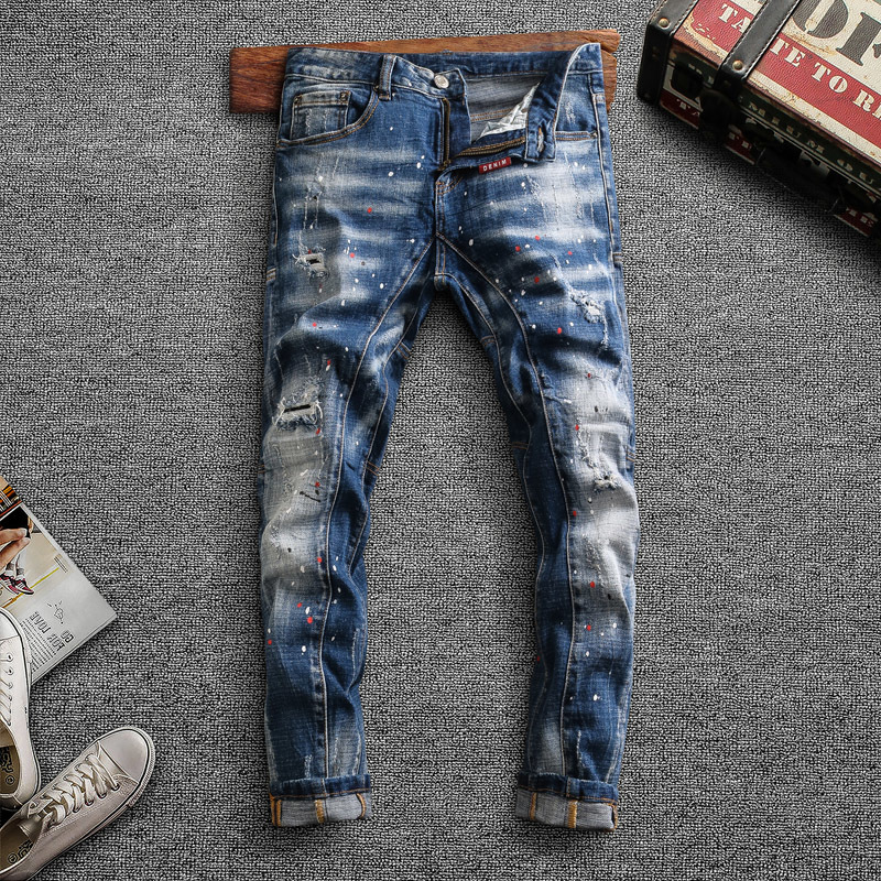 

2021 New American Streetwear Fashion Men Jeans Retro Blue Elastic Slim Fit Ripped Cotton Denim Pants Painted Designer Hip Hop Trousers Dyes