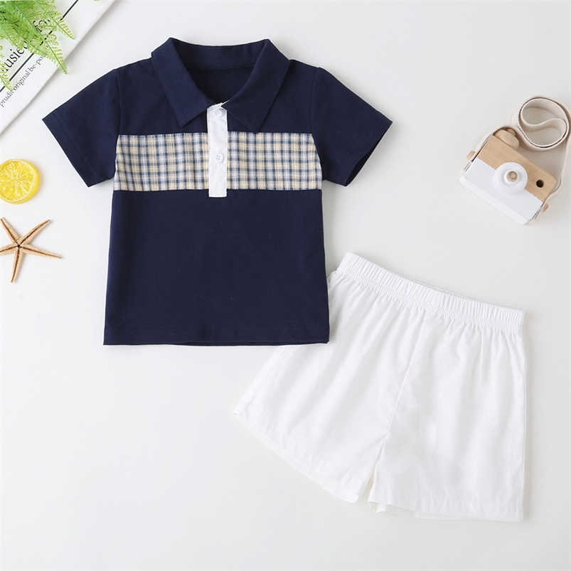 

Summer Children Sets Casual Active Boys Cotton Short Sleeve Turn-down Collar Plaid T-shirt White Pants Clothes 210629, Navy blue