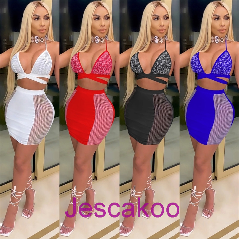 

2021 New Women Fashion Two Piece Dress Nightclub Skirt Hot Drill Cross Bandage Open Back Two Piece Sets Sexy Deep V Neck Sling Skirt, Black